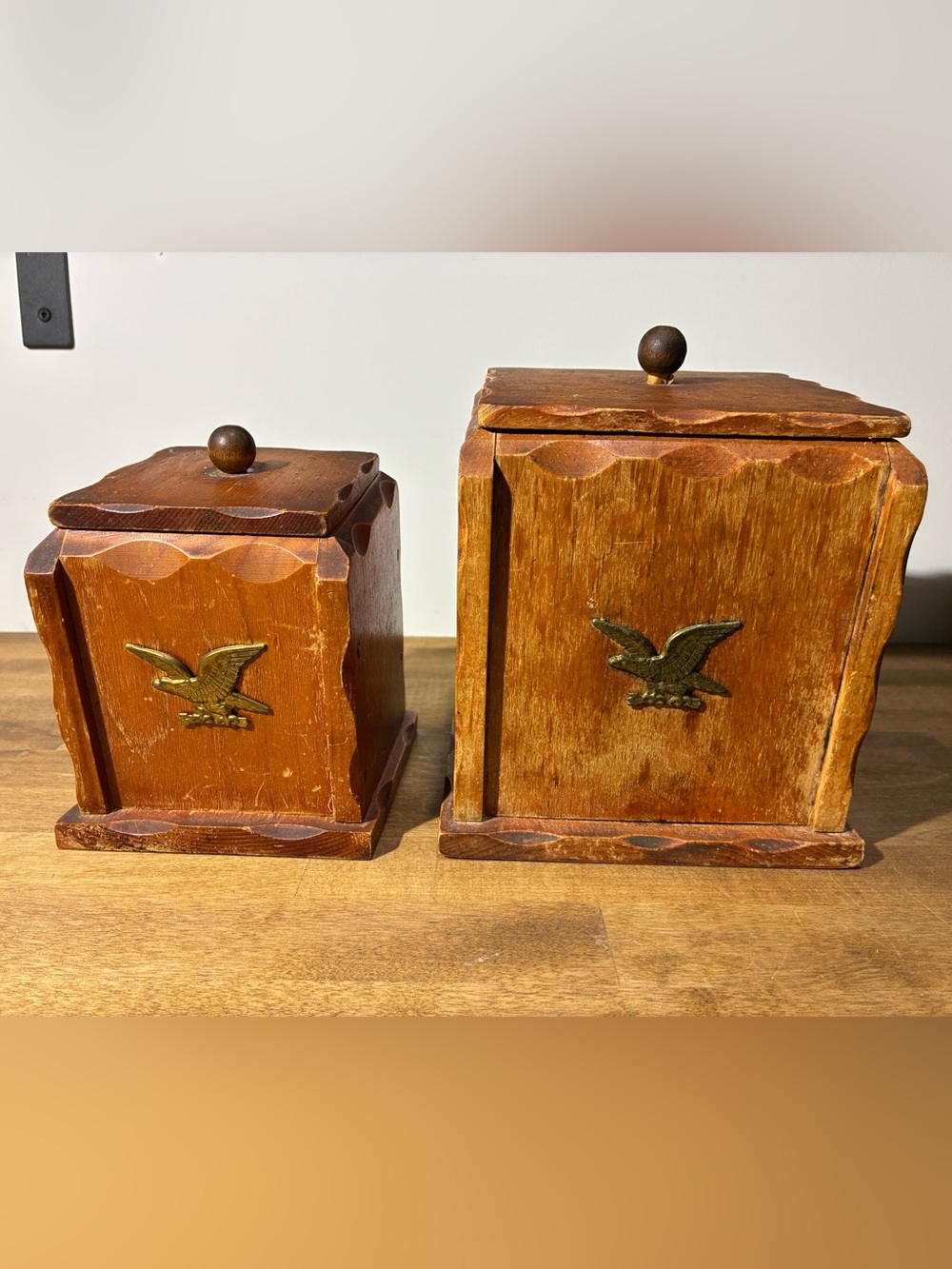 Vintage Wooden Eagle Canister Set of 2 Americana Kitchen Storage Wood Lids